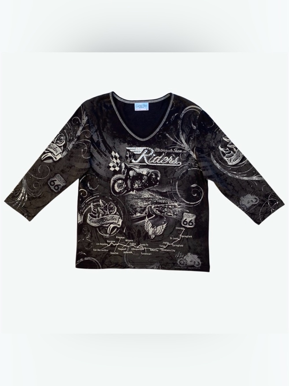 Cactus Bay Charcoal Gray Lady Rider Bling 3/4 Sleeve Graphic Knit Top, XL